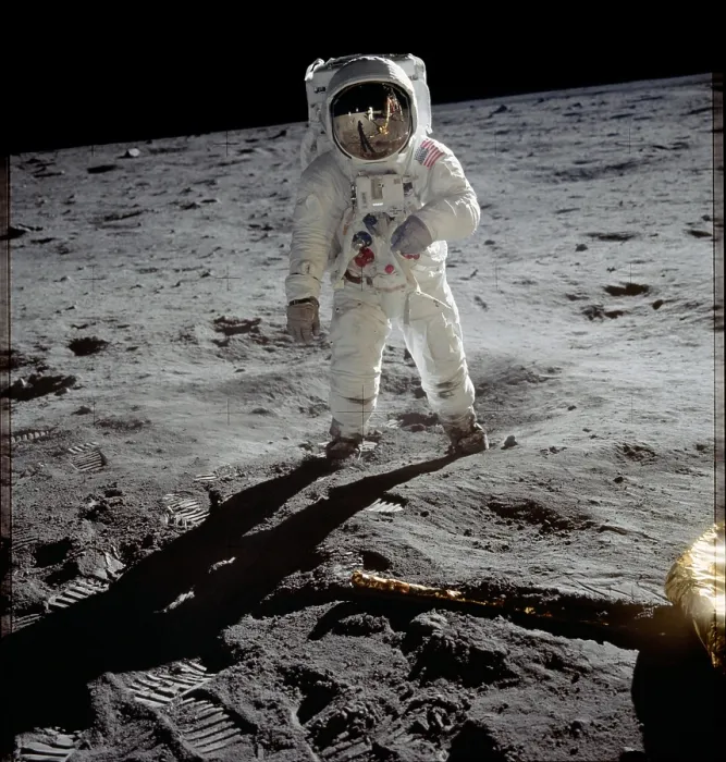 Framed Print : Apollo 11 Astronaut Edwin Aldrin on the Moon. Neil Armstrong and the Lunar Module are reflected in Aldrin's gold visor. July 20, 1969