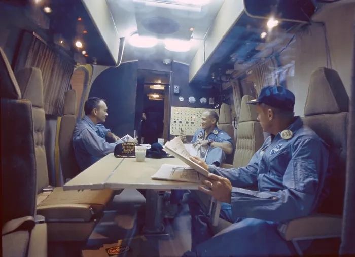 Framed Print : Apollo 11 Astronauts in quarantine trailer on the USS Hornet