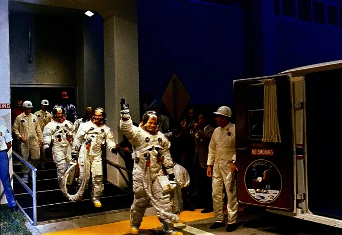 Framed Print : Apollo 11 crew in Spacesuits travel to launch site. R-L: Lead by Neil Armstrong, mission Commander; Command Module Pilot Michael Collins, and Lunar Module pilot Edwin Aldrin