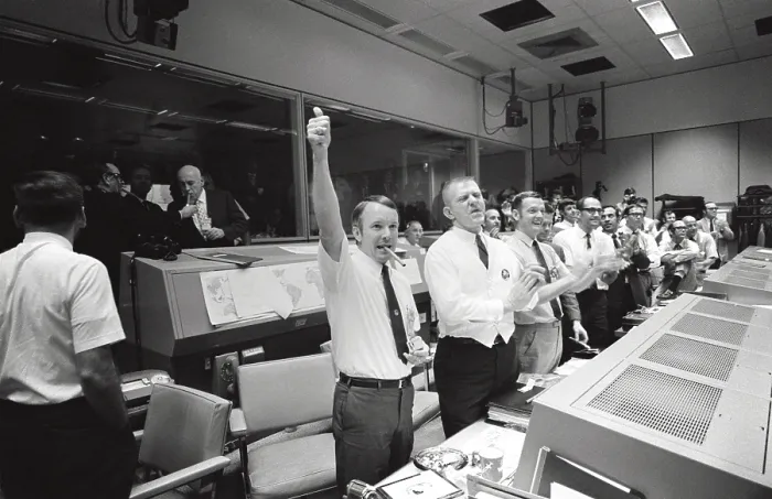 Framed Print : Apollo 13 Flight Directors applaud the successful splashdown of the Command Module