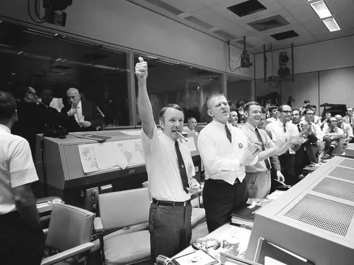 Framed Print : Apollo 13 Flight Directors applaud successful splashdown of Command Module Odyssey while Dr. Robert R. Gilruth, Director, Manned Spacecraft Center (MSC), and Dr Framed Print : Apollo 13 Flight Directors applaud successful splashdown of Command Module Odyssey while Dr. Robert R. Gilruth, Director, Manned Spacecraft Center (MSC), and Dr
