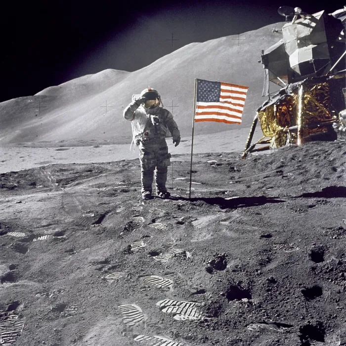 Framed Print : Apollo 15 Astronaut David Scott, gives a military salute to US flag on the Moon. July 30, 1971