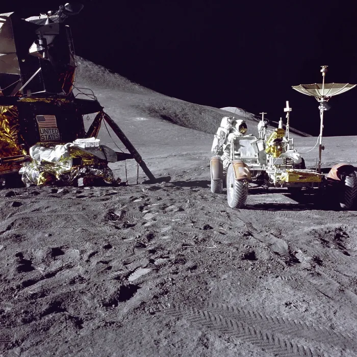 Framed Print : Apollo 15 astronaut James Irwin loads the Lunar Roving Vehicle with tools and equipment at the Hadley-Apennine landing site