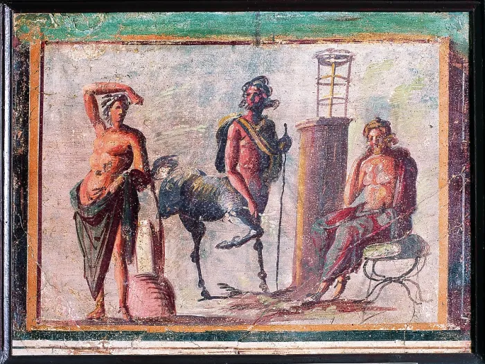 Framed Print : Apollo, Chiro and Asclepius, by unknown artist, second half 1st Century B.C. ripped fresco, 38 x 51 cm - Italy, Campania, Naples, National Archaeological Museum, Room LXIX, inv