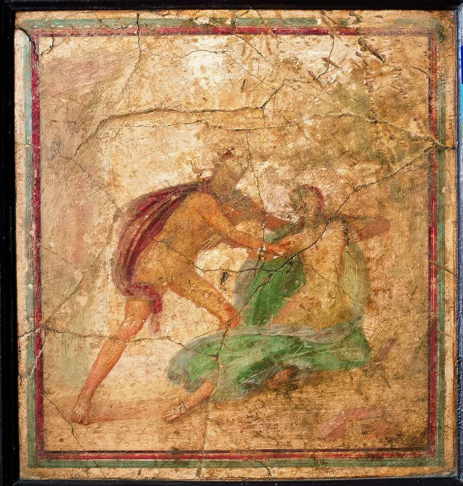 Framed Print : Apollo and Daphne, by unknown artist, 10-37, 1st Century A.D. ripped fresco, 35 x 27 cm - Italy, Campania, Naples, National Archaeological Museum, Room LXXVII, inv. 9535