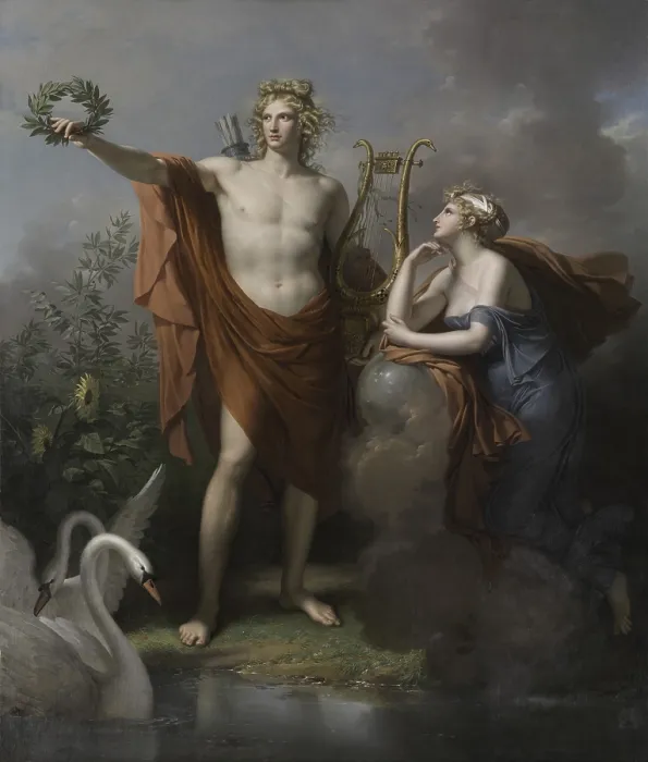 Framed Print : Apollo, God of Light, Eloquence, Poetry and the Fine Arts with Urania, Muse of Astronomy, 1798, by Charles Meynier, 1768-1832, French painting, oil on canvas. (BSLOC_2023_3_24)