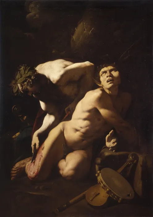 Framed Print : Apollo and Marsyas, by Lombard artist, 1631, 17th century, oil on canvas. - Italy, Lombardy, Milan, Castello Sforzesco, Museum of Ancient Art. Whole artwork view