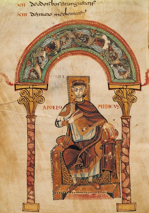 Framed Print : Apollo Medicus. From the Etymologiae of Isidore of Seville, by unknown artist, 1160, 12th Century, miniature - Italia, Piedmont, Vercelli, Capitolare Library. Whole artwork view