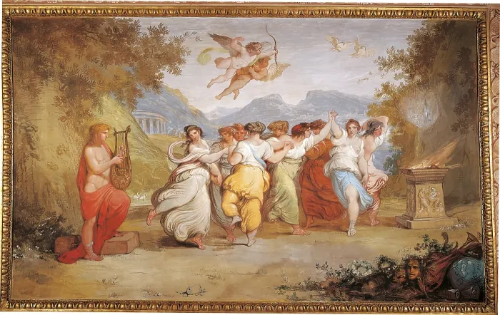 Framed Print : Apollo and the Muses, by Giani Felice, 17th Century, 1675 -1699 about, fresco (tempera on wall) decorated with salt, - Italy, Umbria, Perugia, Palazzo Conestabile. All
