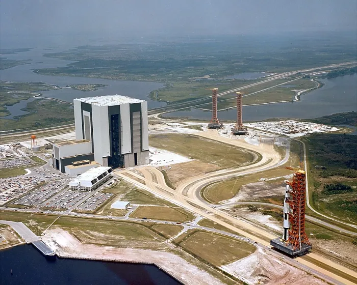Framed Print : Apollo Saturn V Facilities Test vehicle rolling out of the Vehicle Assembly Building (VAB) and heading to Launch Complex 39A