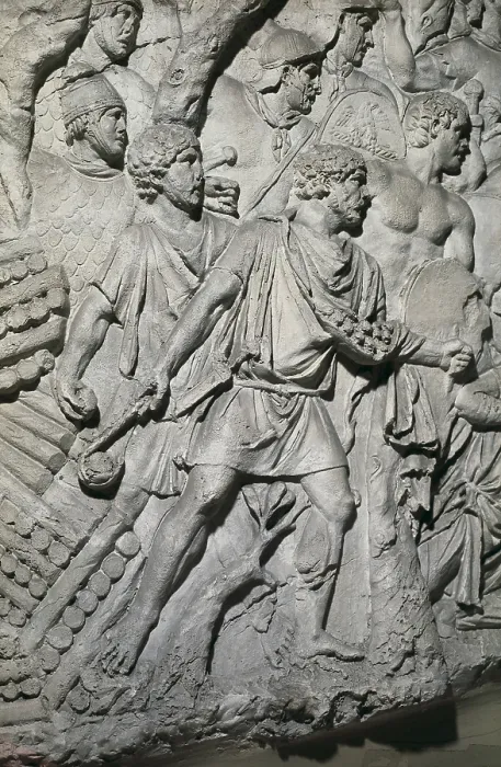 Framed Print : APOLLODORUS OF DAMASCUS (60-129). Column of Trajan. 110; Theodosius Obelisk. 390. ITALY. Rome. Forum of Trajan. First Dorian War. Third Campaign. Dacian slingers. Roman art