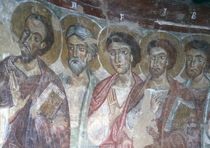 Framed Print : Apostles, by Unknown Artist, 5th - 11th Century, fresco - Italy, Sardinia, Montemonaco, San Giorgio all'Isola. Whole artwork view. Line of saints apostles Framed Print : Apostles, by Unknown Artist, 5th - 11th Century, fresco - Italy, Sardinia, Montemonaco, San Giorgio all'Isola. Whole artwork view. Line of saints apostles