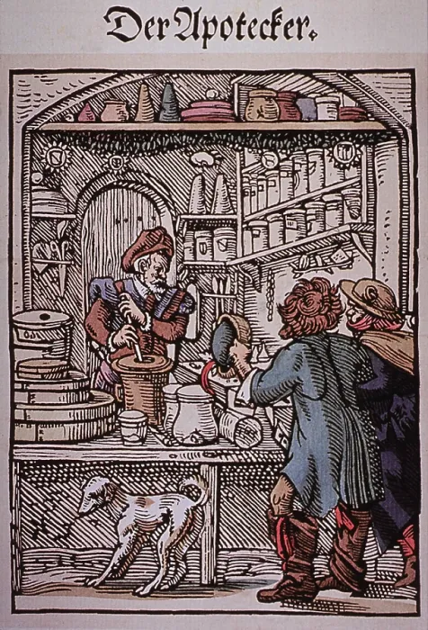 Framed Print : The Apothecary. Two men approach a pharmacy as the druggist makes medications. 16th century German woodcut by Jost Amman Framed Print : The Apothecary. Two men approach a pharmacy as the druggist makes medications. 16th century German woodcut by Jost Amman