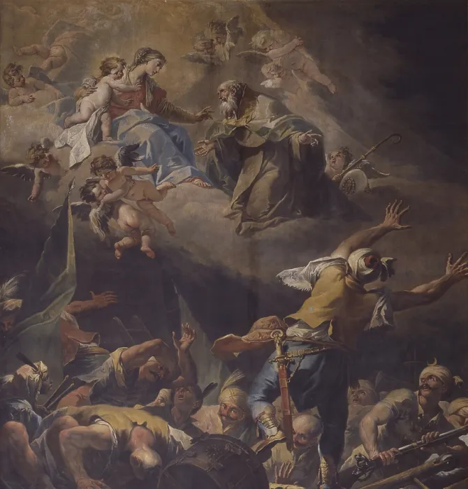 Framed Print : Apparition of the Virgin to a Carmelite saint, by Gaspare Diziani, 18th Century, canvas - Italy, Veneto, Venice, Scuola Grande dei Carmini. Whole artwork view