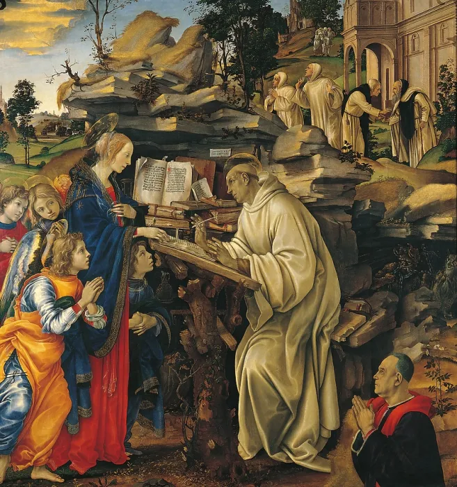 Framed Print : Apparition of the Virgin to St Bernard, by Filippino Lippi, 1479 - 1486 about, 15th Century, tempera on panel, cm 210 x 195 - Italy, Tuscany, Florence, Badia Church. All
