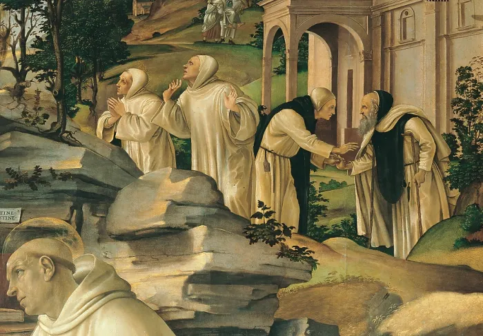Framed Print : Apparition of the Virgin to St Bernard, by Filippino Lippi, 1479 - 1486 about, 15th Century, tempera on panel, cm 210 x 195 - Italy, Tuscany, Florence, Badia Church. Detail