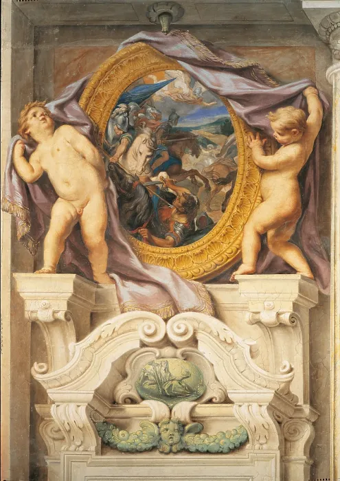 Framed Print : Apparitions of Archangel Michael Archangel Michael appears to the Sipontines, by Carlo Cignani, Domenico Santi, 1665, 17th Century, fresco, - Italy, Emilia Romagna, Bologna