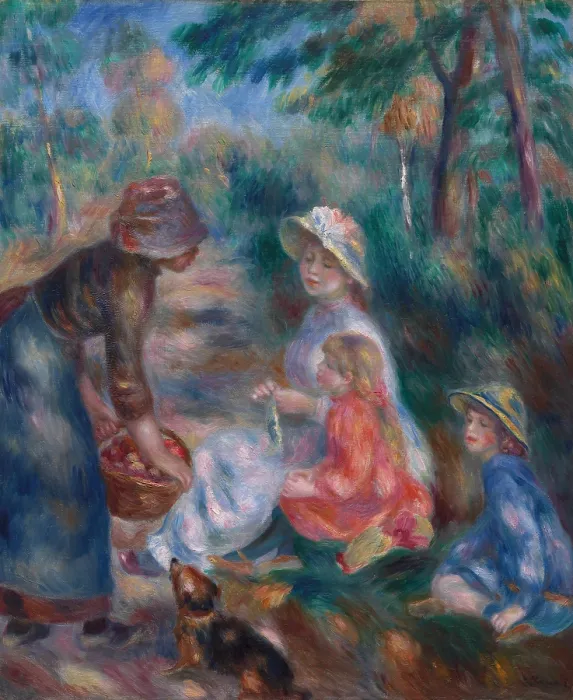 Framed Print : The Apple Seller, 1890, by Pierre-Auguste Renoir, 1841-1919, French Impressionist painting, oil on canvas. A young country girl offers apples to Renoirs wife, Aline