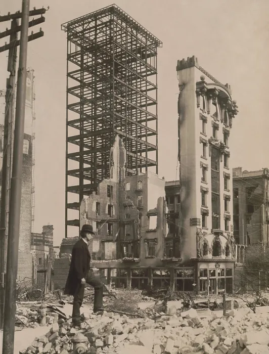 Framed Print : After the April 18, 1906 San Francisco earthquake, a man stands among rubble