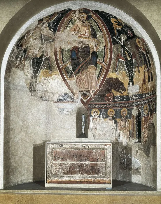 Framed Print : Apse from the church in Esterri de Cards. 11th c. Decorated with a representation of the Pantocrator and the Tetramorphos. Under this one appear the Virgin and seven Apostles