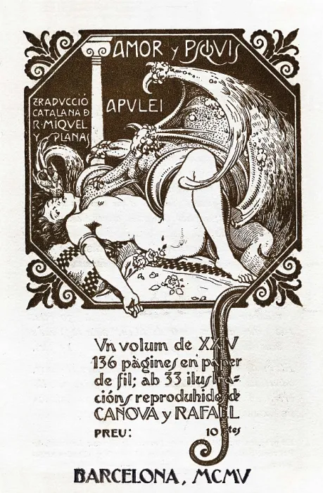 Framed Print : APULEIUS, Lucius (124-180). Metamorphosis by Apuleyo, 9th book (Asinus Aureus). Main episode of 'Psyche and Cupid'. Edition in Catalan (1905) by R. Miquel and Planas