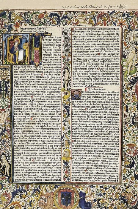 Framed Print : AQUINAS, Thomas, Saint (1225-1274). First page of 'Commentaries on the Gospels' by Saint Thomas Aquinas. Incunabulum. Miniature Painting. SPAIN. Segovia