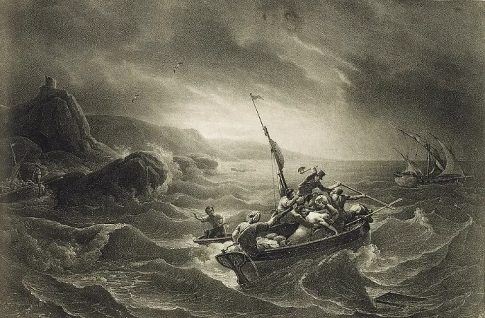 Framed Print : Arab Corsairs attacked by fishermen when they flee with their loot. Engraving c Framed Print : Arab Corsairs attacked by fishermen when they flee with their loot. Engraving c