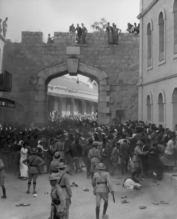 Framed Print : Arab demonstration at the New Gate, Jerusalem, as the police cordon blocked the procession. Oct. 13, 1933 Framed Print : Arab demonstration at the New Gate, Jerusalem, as the police cordon blocked the procession. Oct. 13, 1933