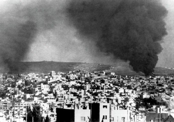 Framed Print : Arab-Israeli War, smoke from battles between Jordanian forces and Palestinian guerrillas, Amman, Jordan, September 23, 1970. Courtesy: CSU Archives  /  Everett Collection