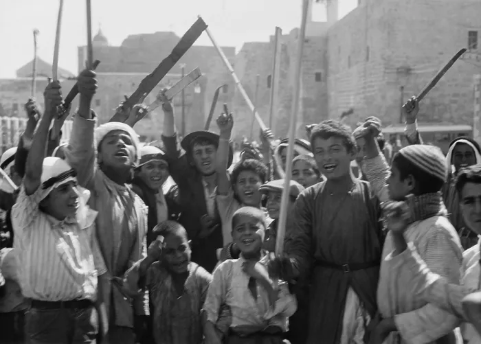Framed Print : Arab youths with sticks and clubs cheering the burning of the police barracks and post office. Bethlehem, Palestine, Oct. 8, 1938 (BSLOC_2017_1_207) Framed Print : Arab youths with sticks and clubs cheering the burning of the police barracks and post office. Bethlehem, Palestine, Oct. 8, 1938 (BSLOC_2017_1_207)