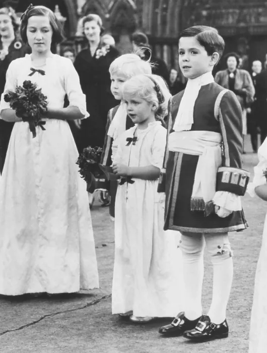 Framed Print : Arabella Churchill (center) stands with other wedding attendants at St. Margaret's Church. London, Nov. 5, 1955