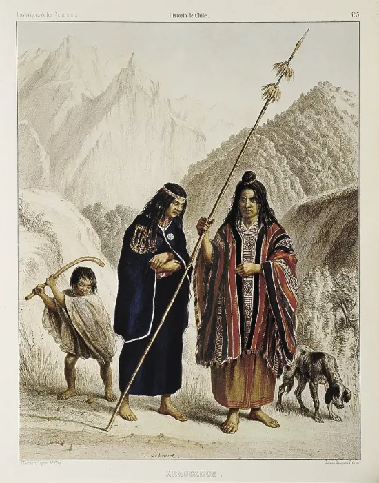 Framed Print : Araucanos (Araucanians), people of Valparaiso, Chile. Illustration of 'Atlas de la historia fisica y politica de Chile' by Claudio Gay, 1854. Engraving. - J