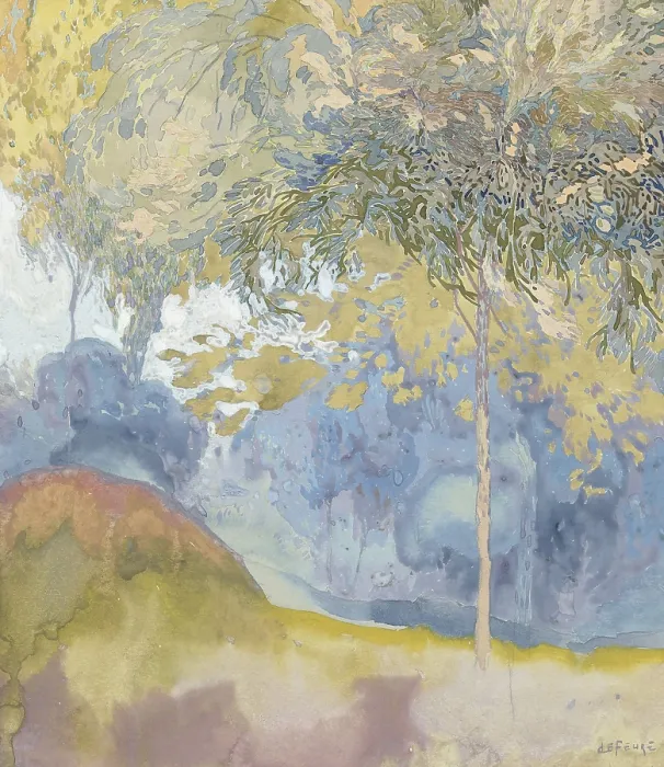 Framed Print : Arboreal Landscape, by Georges de Feure, 1890-1930, French art, watercolor painting. Stylized intimate landscape with trees for a wall decoration. (BSLOC_2016_1_127)