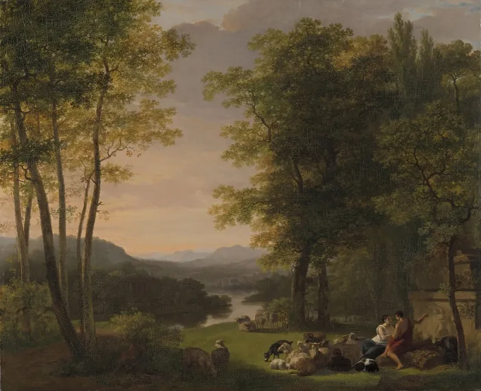 Framed Print : Arcadian Landscape, by Jan Willem Pieneman, 1813, Dutch painting, oil on canvas. Shepherd and shepherdess in ancient Grecian costume next to an ancient tomb. (BSLOC_2016_1_151)
