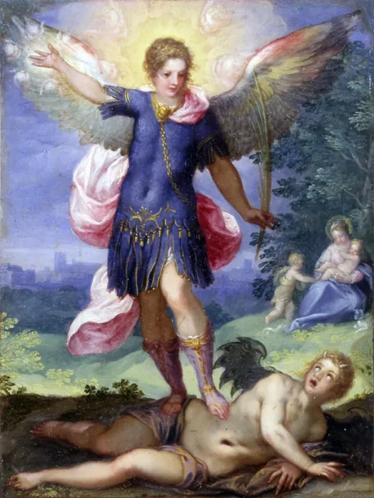 Framed Print : Archangel Michael Tramples the Devil, by Hans Johann Rottenhammer, end of the 17th Century, oil on copper - Italy, Lombardy, Milan, Castello Sforzesco