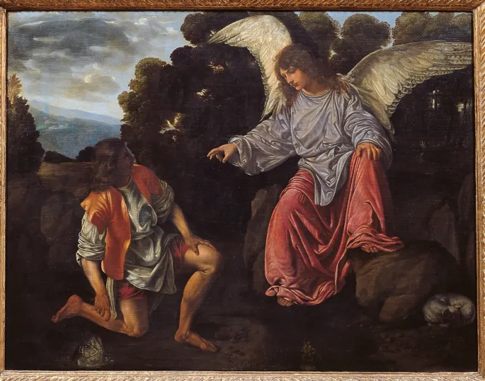 Framed Print : Archangel Raphael and Tobias (Tobias and the Angel), by Giovanni Girolamo (Gerolamo) Savoldo, 1540 about, 16th Century, oil on canvas, cm 96 x 126 - Italy, Lazio, Rome