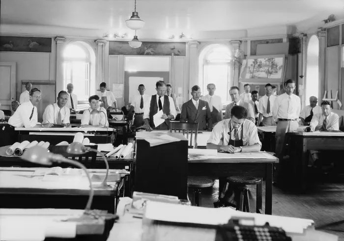 Framed Print : Architects and draftsmen at in Washington, D.C. offices of the Rural Resettlement Administration, designed houses and communities for relocated workers built by relief labor