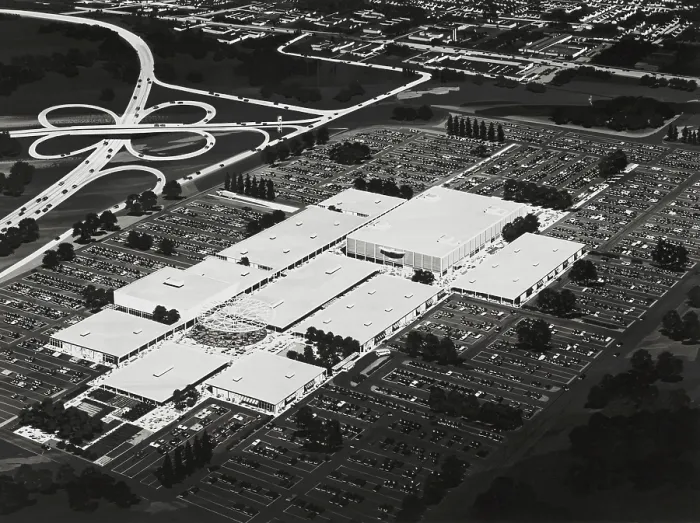 Framed Print : Architect's drawing of the aerial view of a shopping center in Roosevelt Field. May 2, 1955. It was developed by William Zeckendorf and designed by I. M Framed Print : Architect's drawing of the aerial view of a shopping center in Roosevelt Field. May 2, 1955. It was developed by William Zeckendorf and designed by I. M