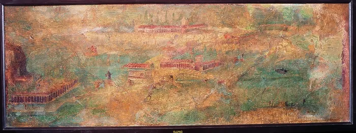 Framed Print : Architectural Landscape, by unknown artist, 50-79, 1st Century A.D. ripped fresco, 53 x 152 cm - Italy, Campania, Naples, National Archaeological Museum, Room LXXIV, inv. 9426 Framed Print : Architectural Landscape, by unknown artist, 50-79, 1st Century A.D. ripped fresco, 53 x 152 cm - Italy, Campania, Naples, National Archaeological Museum, Room LXXIV, inv. 9426