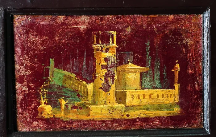 Framed Print : Architectural Landscape, by unknown artist, 45-69, 1st Century A.D. ripped fresco, 24 x 31 cm - Italy, Campania, Naples, National Archaeological Museum, Room LXXVII, inv. 9401
