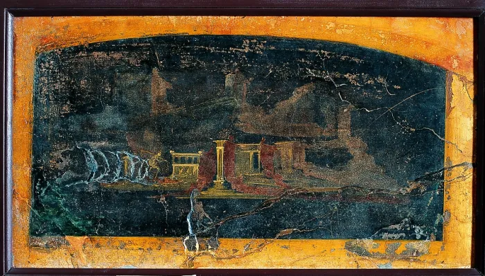 Framed Print : Architectural Landscape, by unknown artist, 45-79, 1st Century A.D. ripped fresco, 40 x 72 cm - Italy, Campania, Naples, National Archaeological Museum, Room LXXIV, inv. 9485 Framed Print : Architectural Landscape, by unknown artist, 45-79, 1st Century A.D. ripped fresco, 40 x 72 cm - Italy, Campania, Naples, National Archaeological Museum, Room LXXIV, inv. 9485