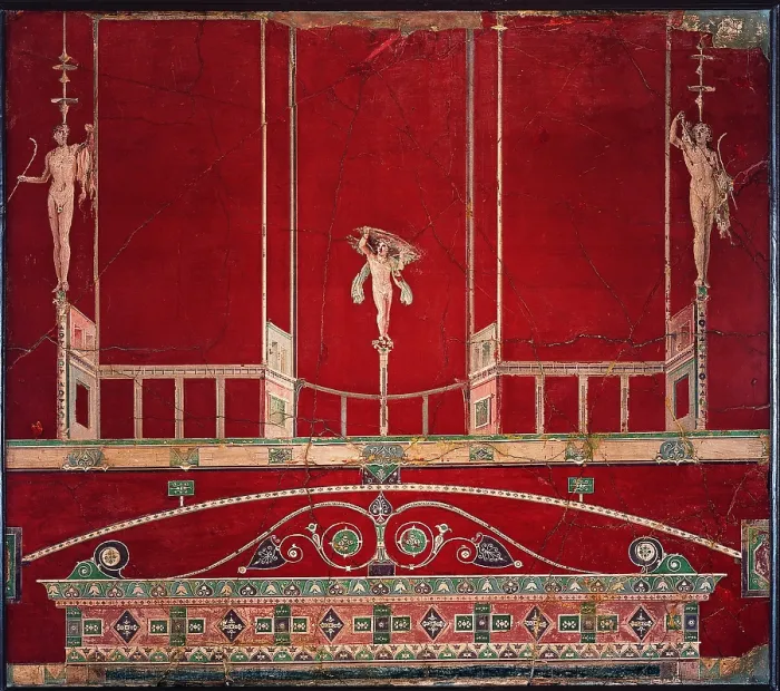 Framed Print : Architecture with Satyrs, by unknown artist, 1-25, 1st Century A.D. ripped fresco, 152 x 172 cm - Italy, Campania, Naples, National Archaeological Museum, Room LXXI, inv. 9878