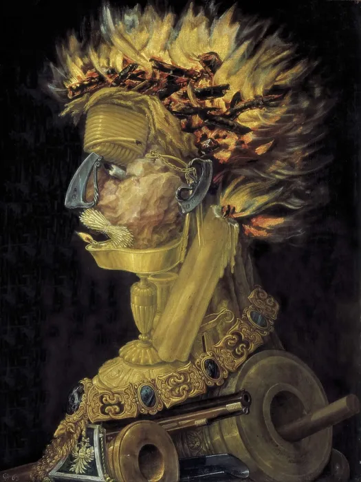 Framed Print : ARCIMBOLDO, Giuseppe (1527-1593). Fire (Ignis). 1566. Painted for Maximilian II. Renaissance art. Cinquecento. Oil on wood. AUSTRIA. Vienna