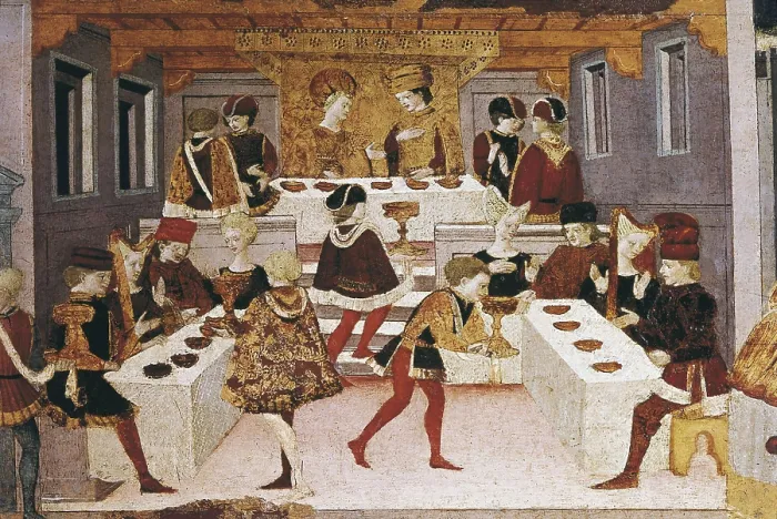 Framed Print : Arcon Jarves, Master of- (15th century). The Story of Alatiel Tavoli. s.XV. Deatil of banquet. Gothic art. Oil on wood. ITALY. Venice. Correr Museum
