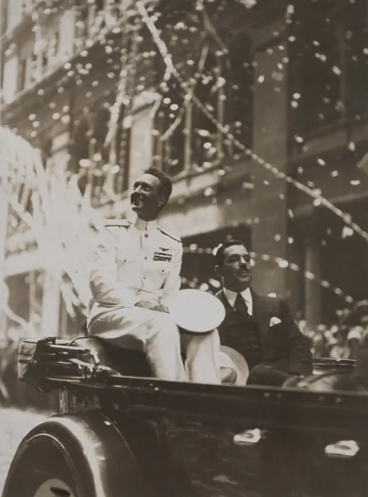 Framed Print : Arctic Aviator Richard Byrd riding in his first ticker tape parade up Broadway in New York City. He is accompanied by the Citys official greeter, Grover Whalen, June 20, 1926