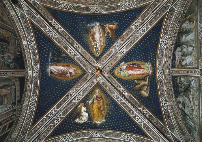 Framed Print : ARETINO, Spinello di Luca Spinelli, called (1350-1410). The Four Evangelists. 1387. Decoration of the sacristy's ceiling. Renaissance art. Trecento. Sienese school. Fresco