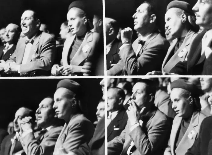 Framed Print : Argentine President Juan Peron and his wife, Evita, at a boxing match in Buenos Aires. The candid photos were taken on April 4, 1951. - (CSU_2015_5_134)
