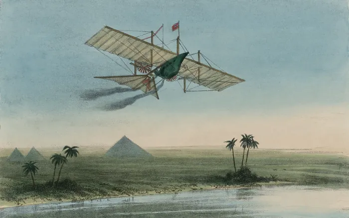 Framed Print : Ariel the first carriage of the Aerial Transit Company was a winged boat or carriage flying over the Nile River with pyramids in the background Framed Print : Ariel the first carriage of the Aerial Transit Company was a winged boat or carriage flying over the Nile River with pyramids in the background