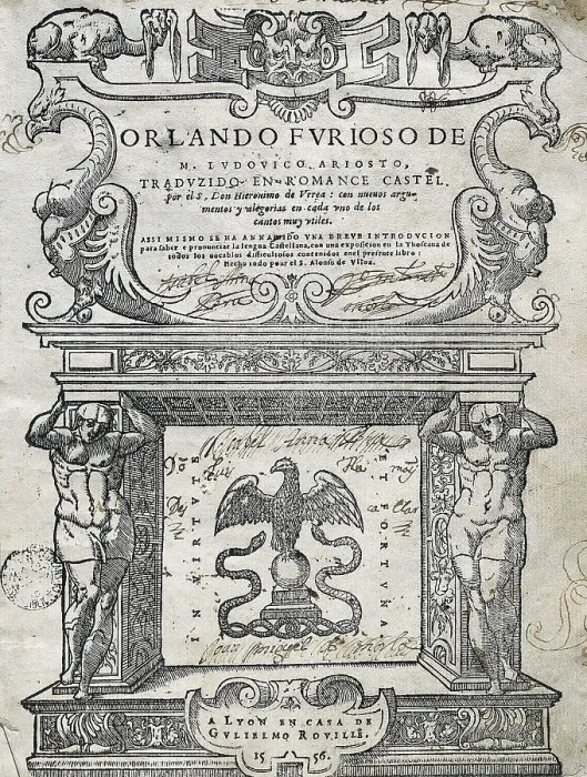 Framed Print : ARIOSTO, Ludovico (1474-1533). 'Orlando Furioso'. Translation into Spanish by Hieronimo de Urrea. Edition made in Lyon (1556). Front page. SPAIN. Barcelona Framed Print : ARIOSTO, Ludovico (1474-1533). 'Orlando Furioso'. Translation into Spanish by Hieronimo de Urrea. Edition made in Lyon (1556). Front page. SPAIN. Barcelona