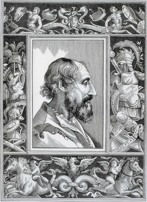 Framed Print : ARIOSTO, Ludovico (1474-1533). Profile image based in a portrait by Titian. Etching. SPAIN. Barcelona. Biblioteca de Catalunya (National Library of Catalonia)